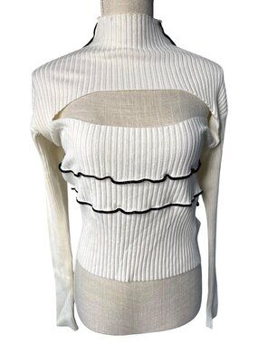Versona White W/BlackTrim Ribbed Knit Mock Neck Cut-Out Sweater Long Sleeves L